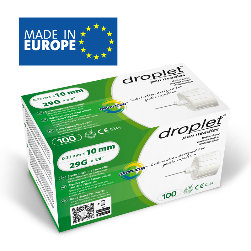 Голки для шприц-ручок Droplet, одноразового використання, стерильні, 10 мм*0,33 мм, 29G, універсальні, 100 шт., STREFA, (Польща).